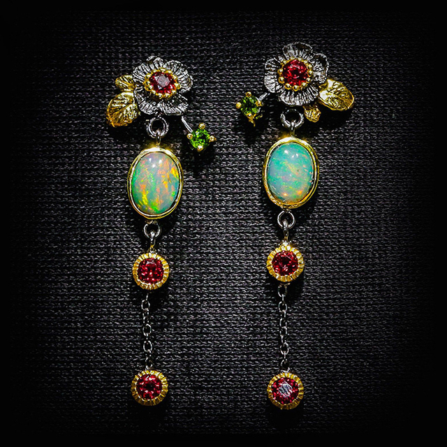 Opal Glow: Boho Chic Earrings with a Touch of Red Sparkle