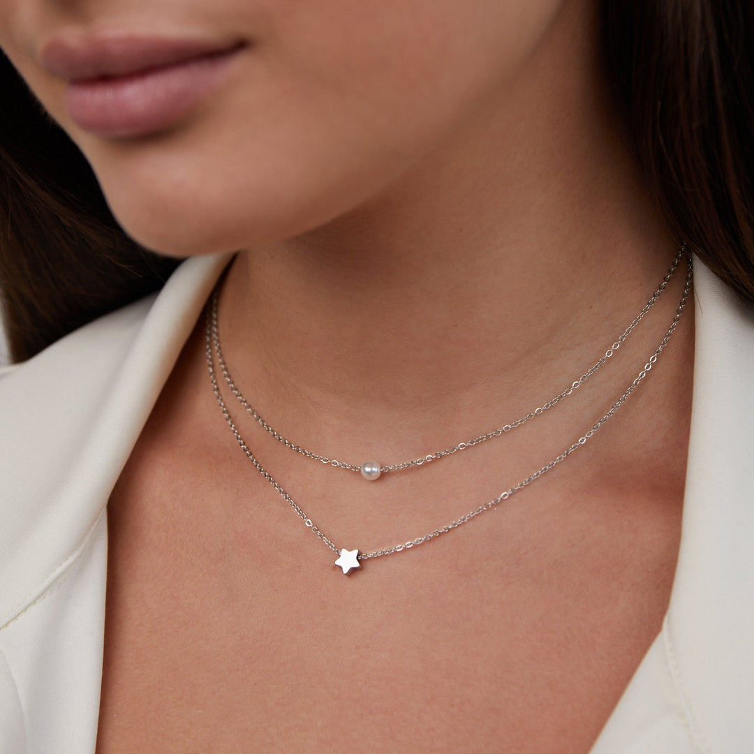 Layered Silver Necklace with Star and Pearl