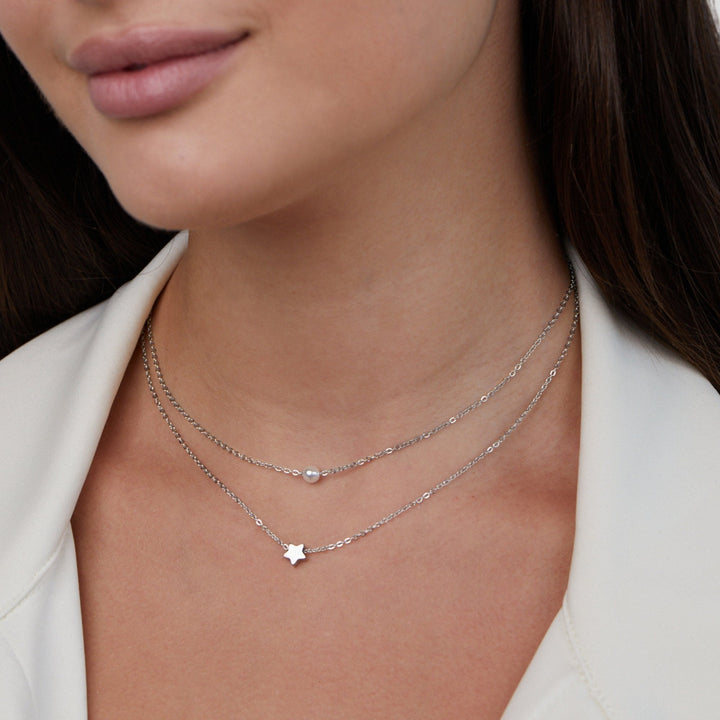 Layered Silver Necklace with Star and Pearl