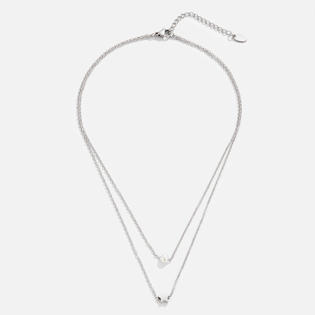 Layered Silver Necklace with Star and Pearl