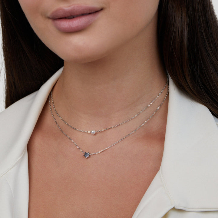Layered Silver Necklace with Star and Pearl