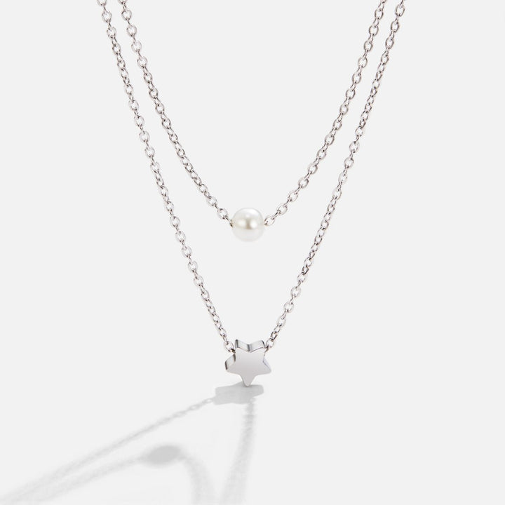 Layered Silver Necklace with Star and Pearl